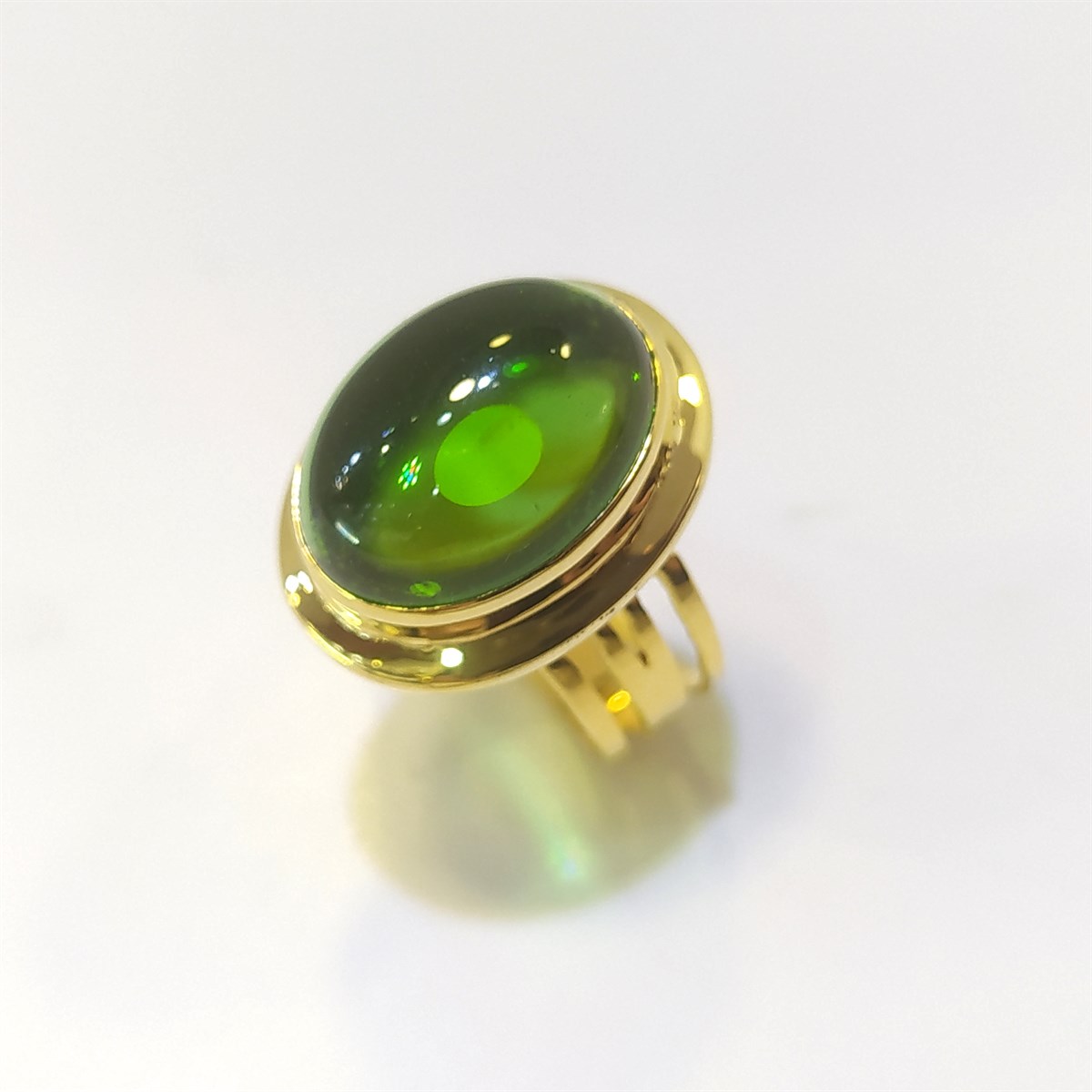 EŞSİZ Yeşil Oval Özel Tek Taş Yüzük 14 Ayar Altın