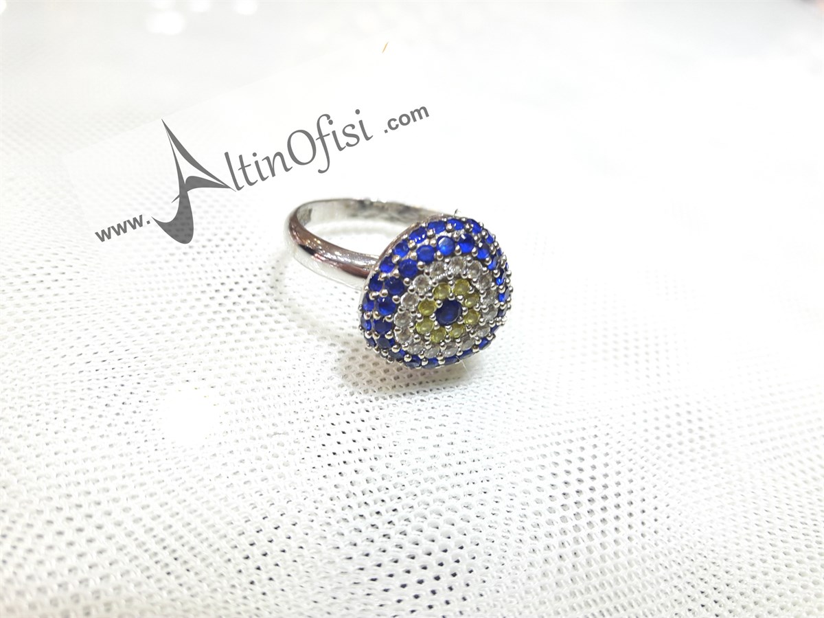 Gözboncuklu Yüzük Beyaz 14 Ayar Altın