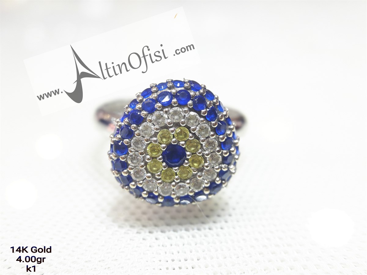 Gözboncuklu Yüzük Beyaz 14 Ayar Altın