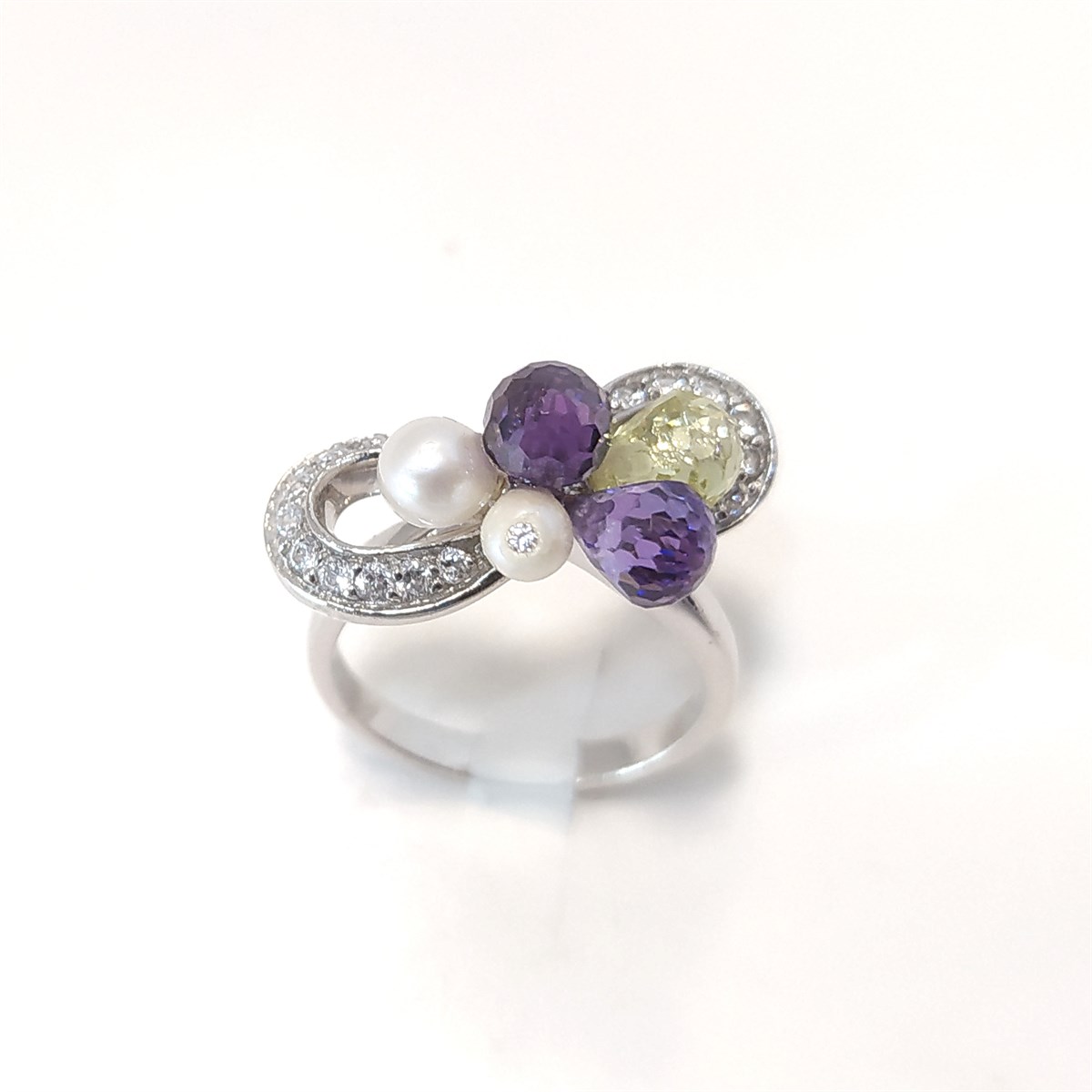 İnci ve Renkli Taşlı Yüzük 14 Ayar Altın