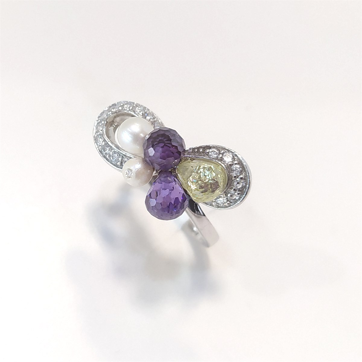 İnci ve Renkli Taşlı Yüzük 14 Ayar Altın