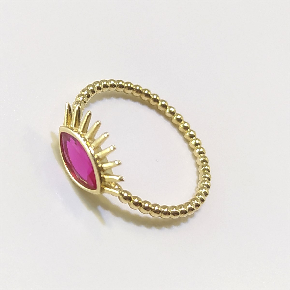 Kirpikli Göz Kırmızı Tek Taş Yüzük 14 Ayar Altın