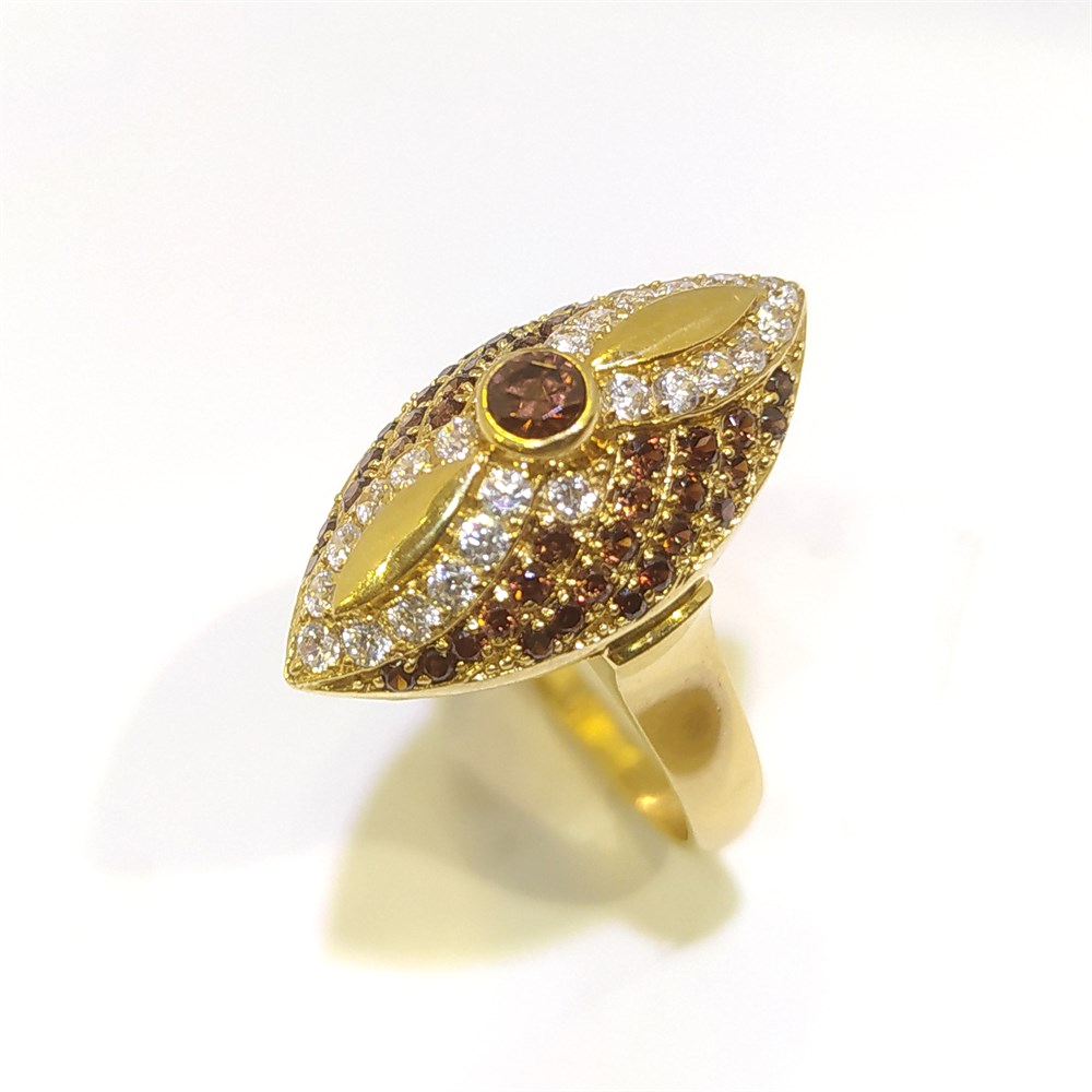 Mekik Kahverengi Taşlı Yüzük Sarı 14 Ayar Altın