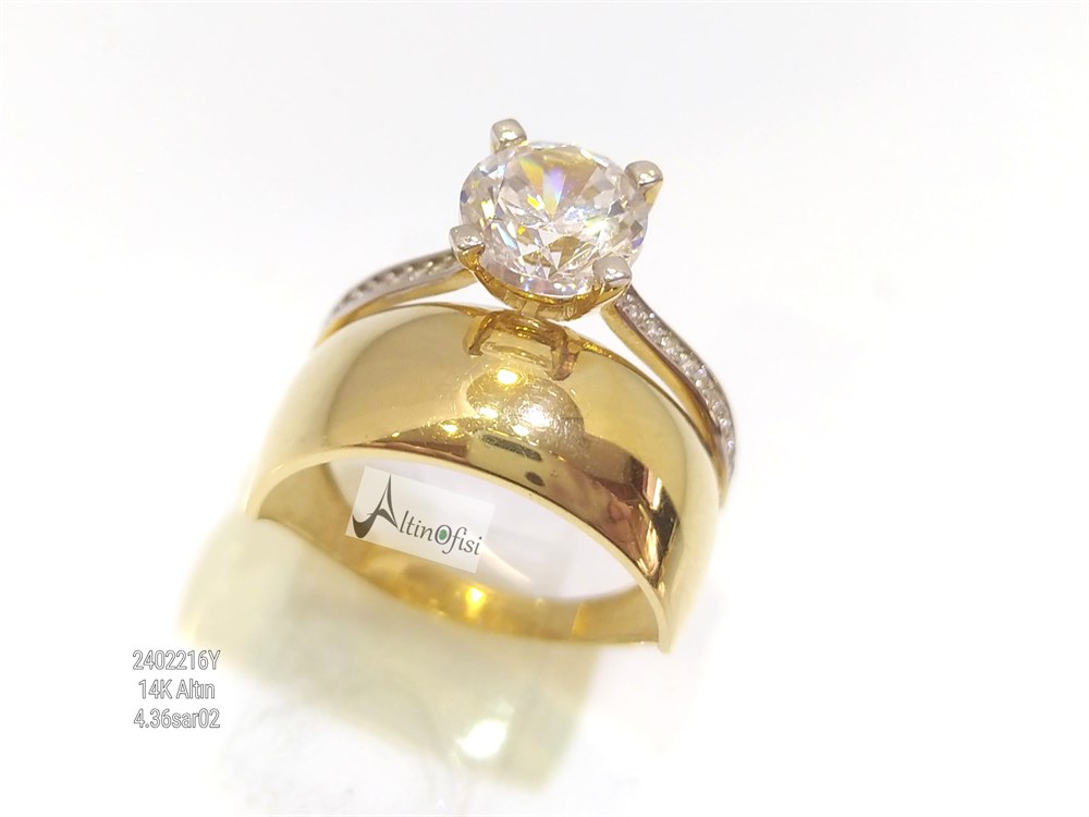 Tek Taş Alyans Bitişik Yüzük 14 Ayar Altın