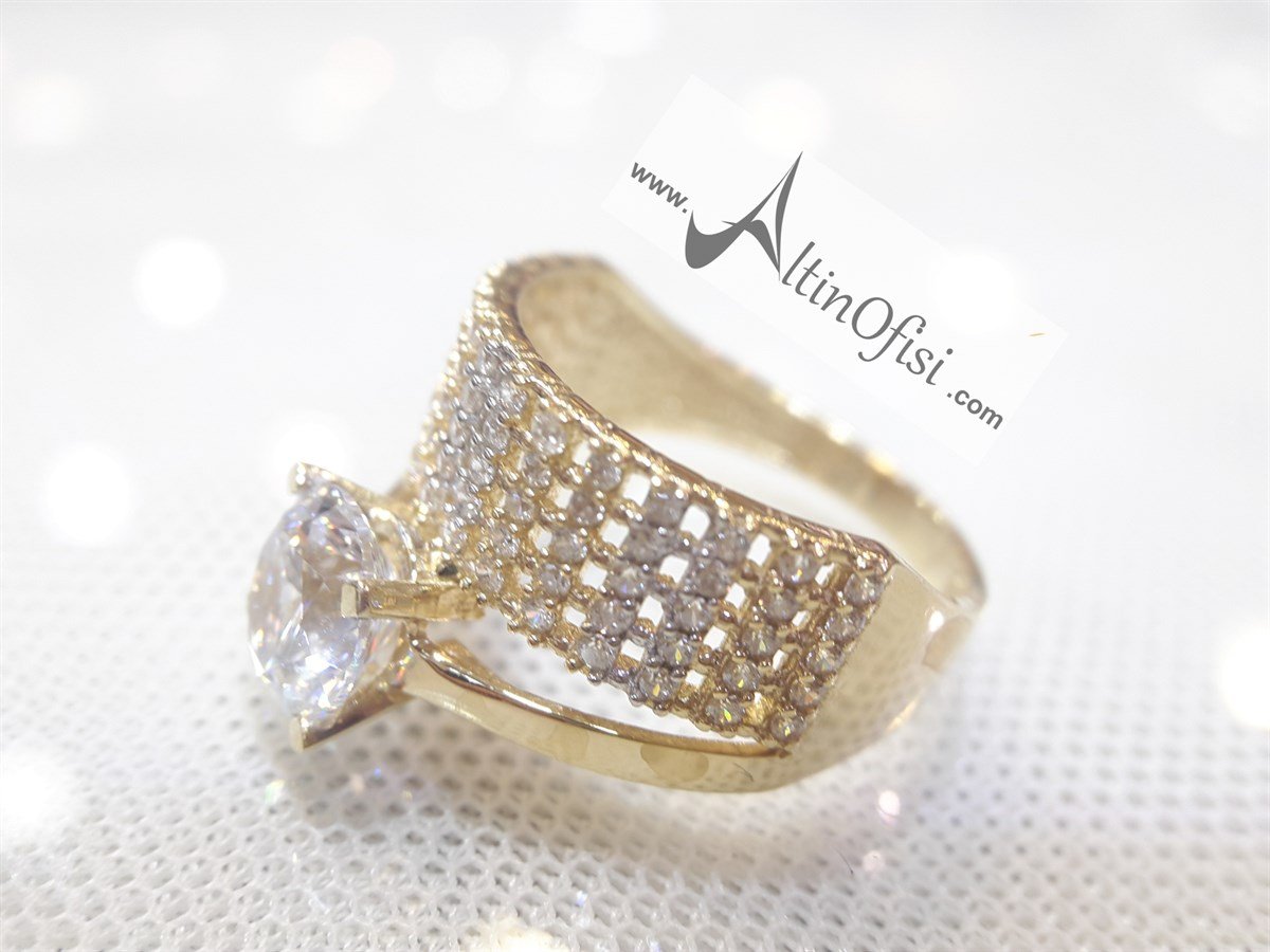 Tek Taşlı Alyans Yüzük Sarı 14 Ayar Altın