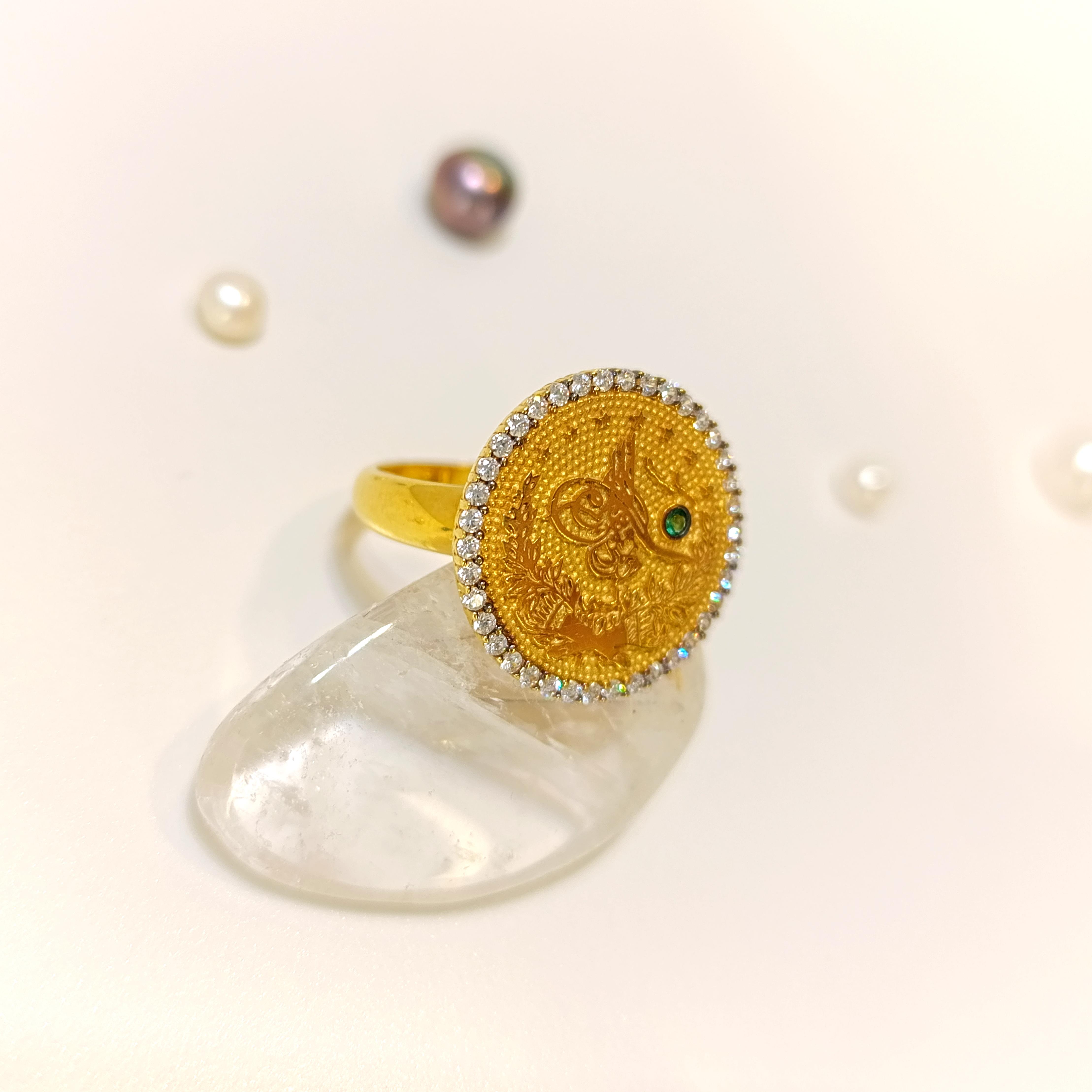 Tuğralı Taşlı Yüzük 14 Ayar Altın HD VİDEOLU