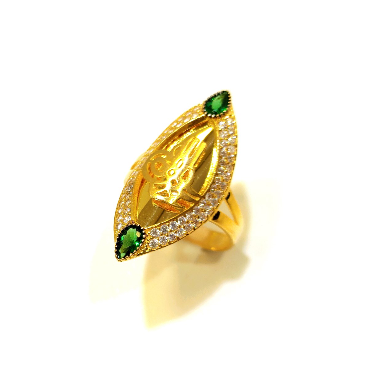 Yeşil Taşlı Tuğralı Mekik Yüzük 14 Ayar Altın