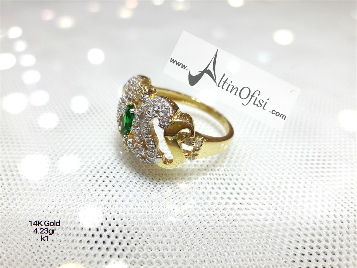 Yeşil Taşlı Yüzük 14 Ayar Altın