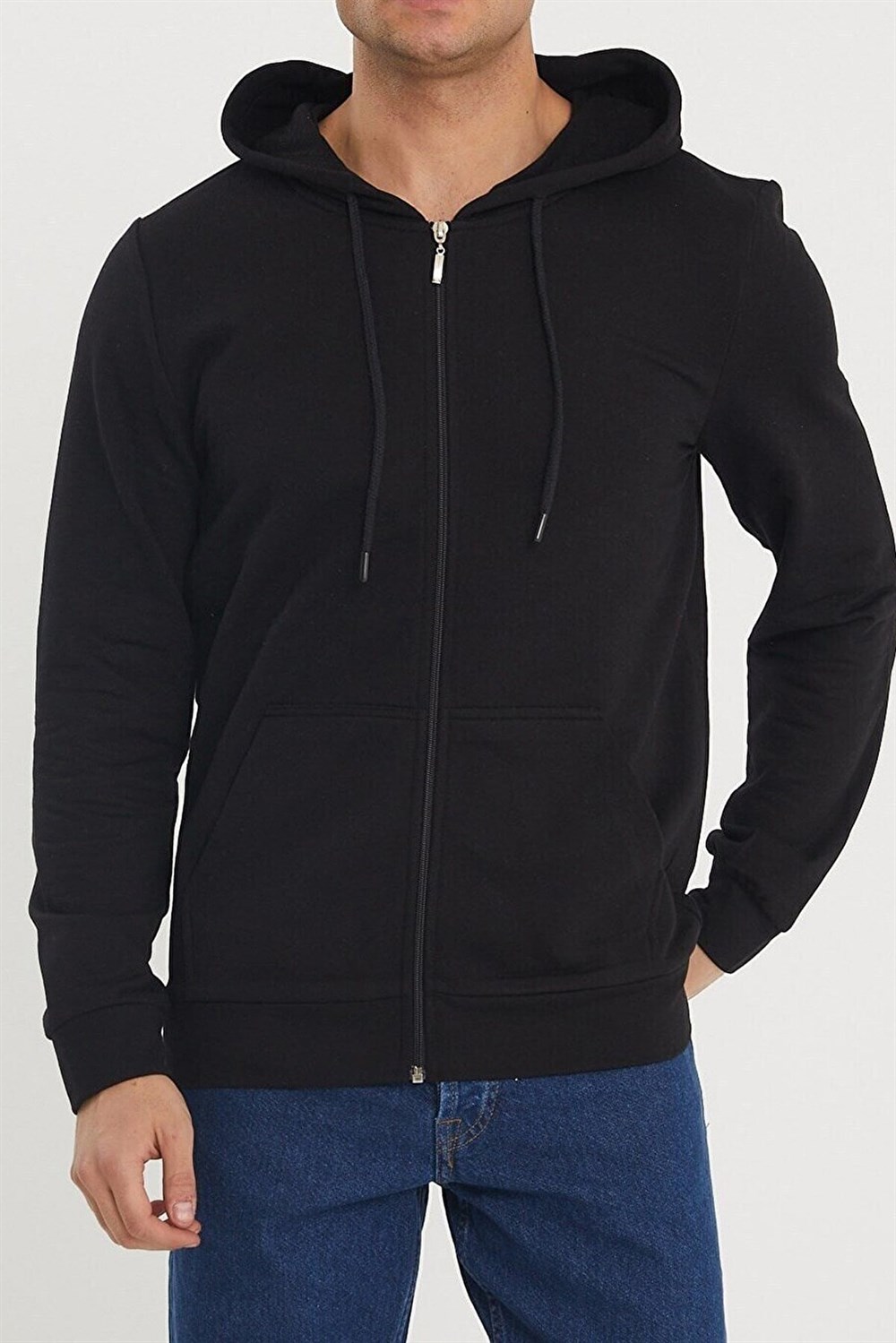 Erkek Fermuarlı Iki Iplik Kapüşonlu Cepli Sweatshirt 