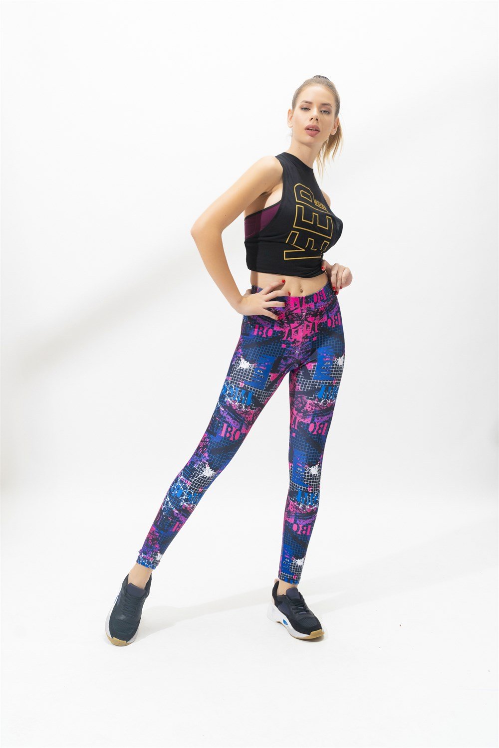 Kadın Spor Dijital Baskı Tayt Pembe-Mavi