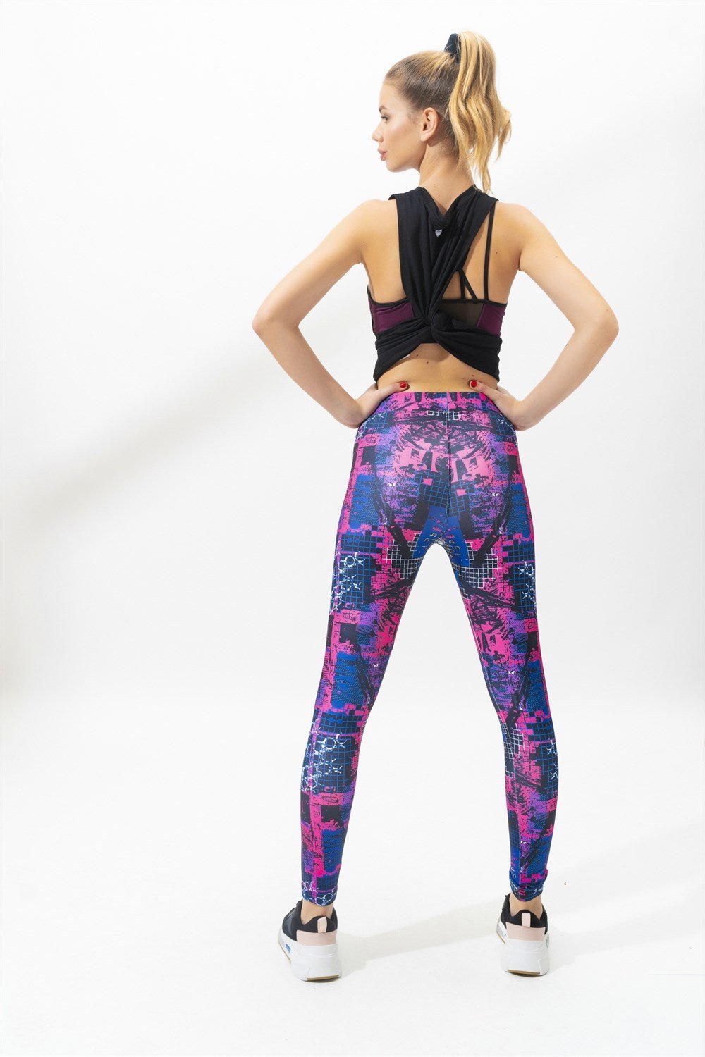 Kadın Spor Dijital Baskı Tayt Pembe-Mavi