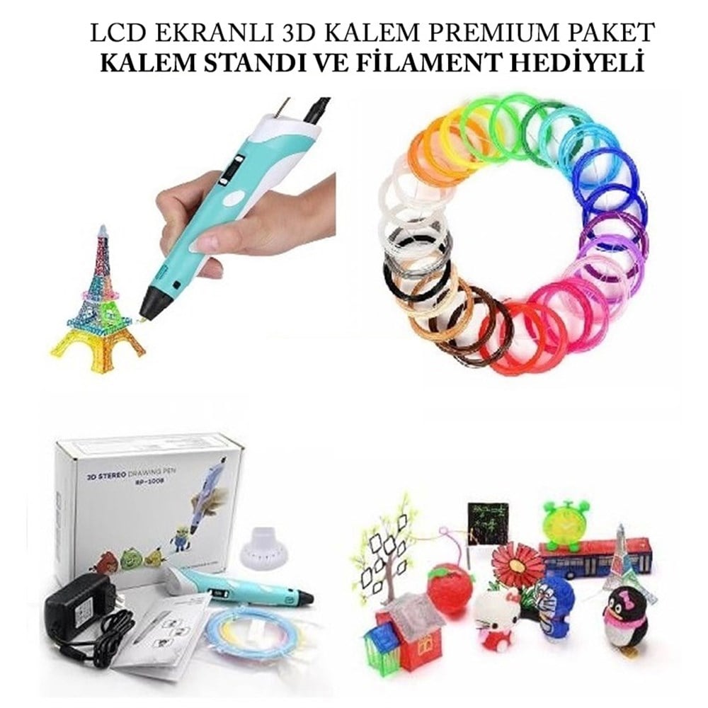 Premium Paket Led Ekranlı 3D Kalem-3 Renk Hediye Filament