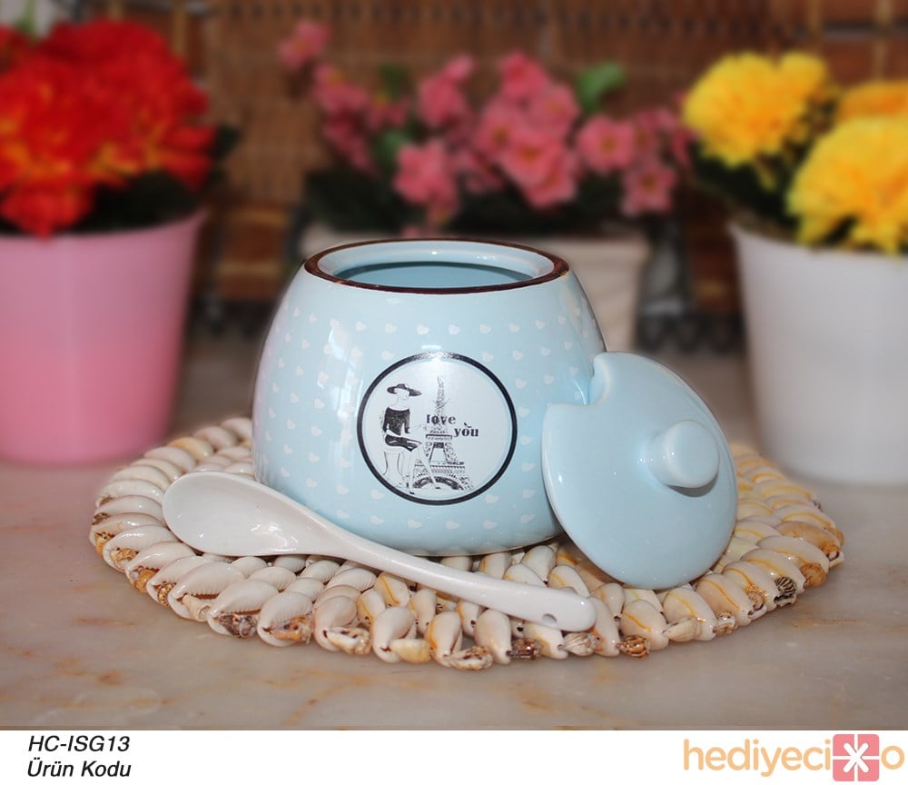 Renkli Porselen Kaşıklı Şekerlik