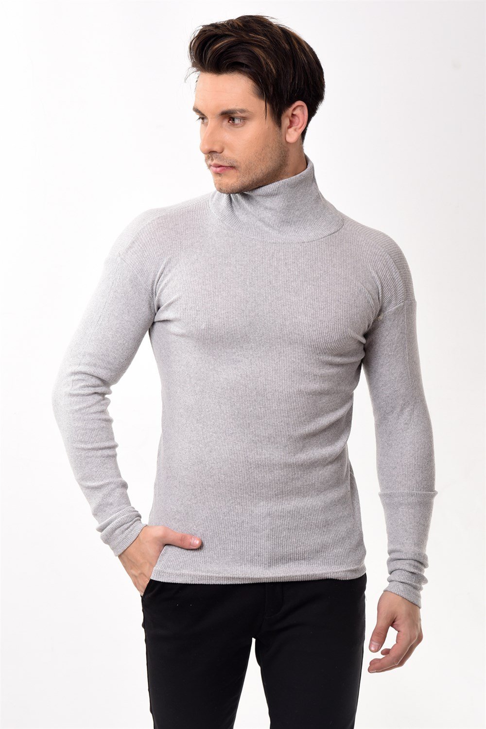 Toptan Min 10 Adet Erkek Balıkçı Yaka Boğazlı Slim Fit Kazak