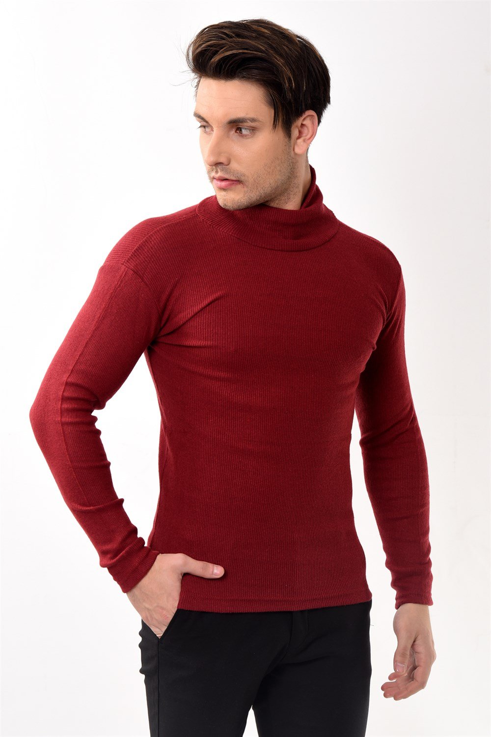 Toptan Min 10 Adet Erkek Balıkçı Yaka Boğazlı Slim Fit Kazak