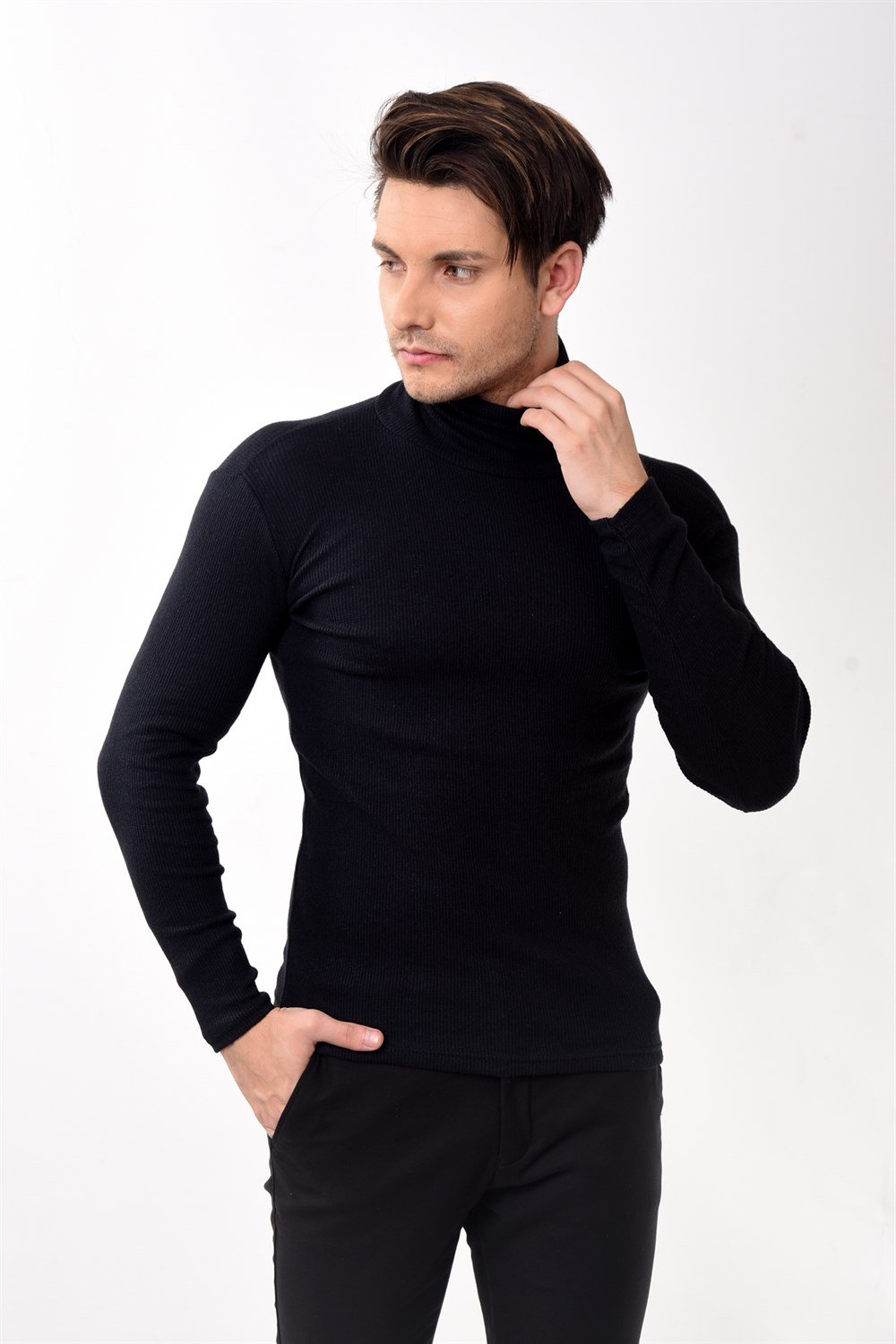 Toptan Min 10 Adet Erkek Balıkçı Yaka Boğazlı Slim Fit Kazak