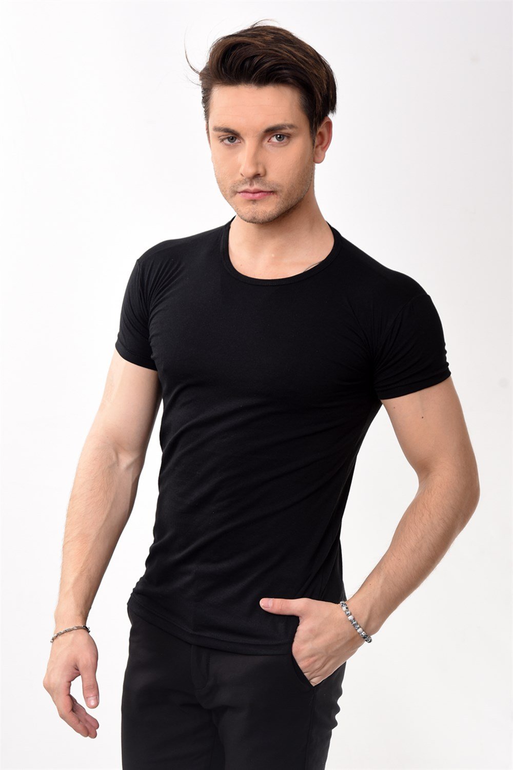 Toptan Min 4 Adet Erkek Slim Fit Basic Bisiklet Yaka Kısa Kollu T-shirt Tişört