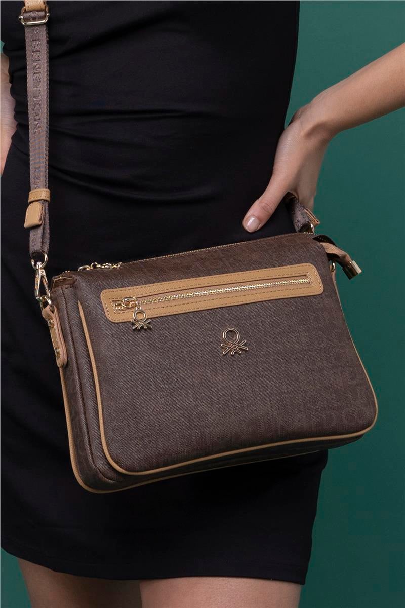 Benetton Kahverengi Eskitme Monogram Kadın Çapraz Çanta BNT 1276