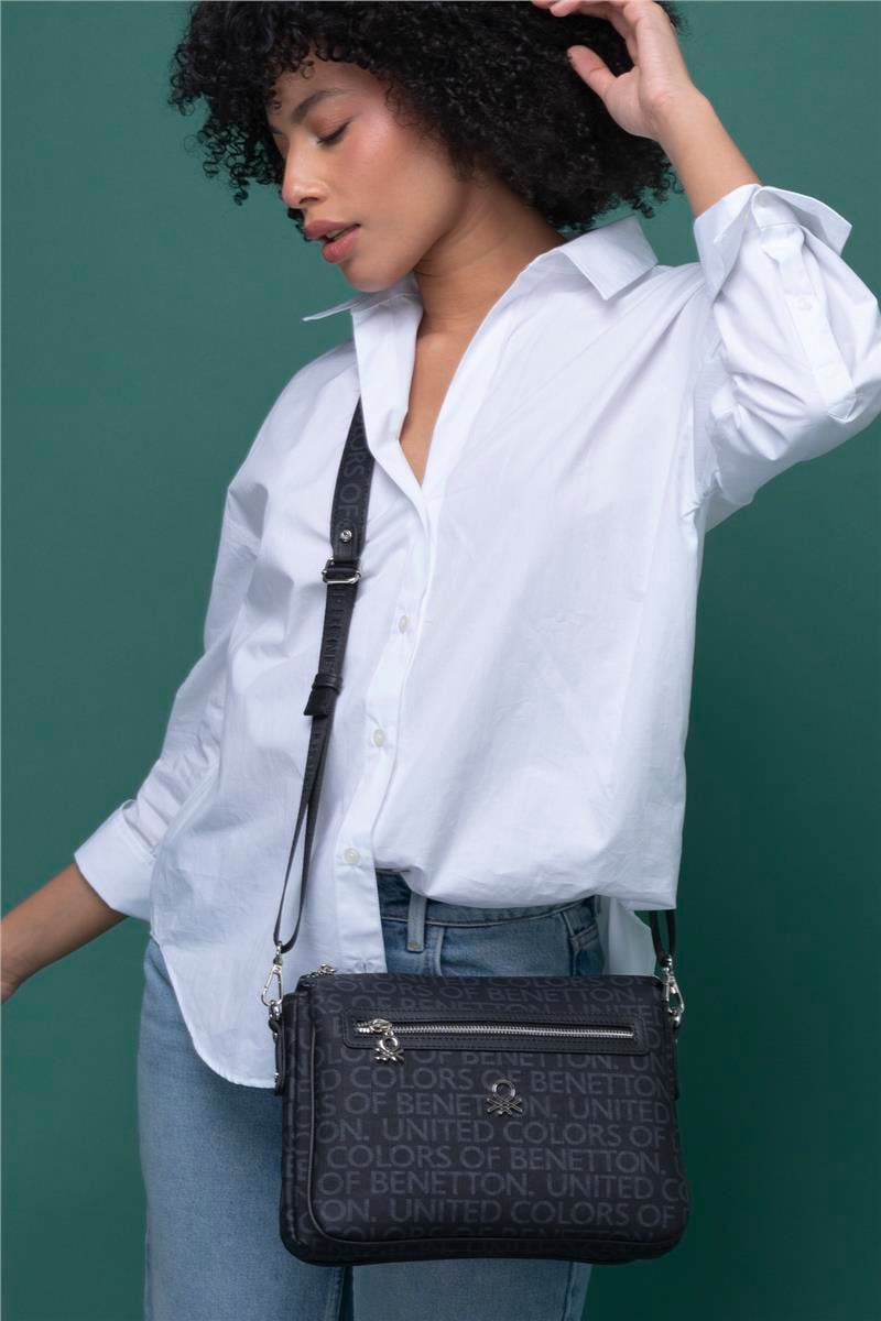 Benetton Siyah Eskitme Monogram Kadın Çapraz Çanta BNT 1276