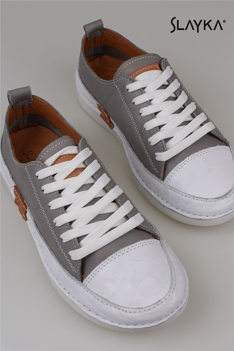 Slayka Gri Ases Hakiki Deri Kadın Comfort Casual Ayakkabı
