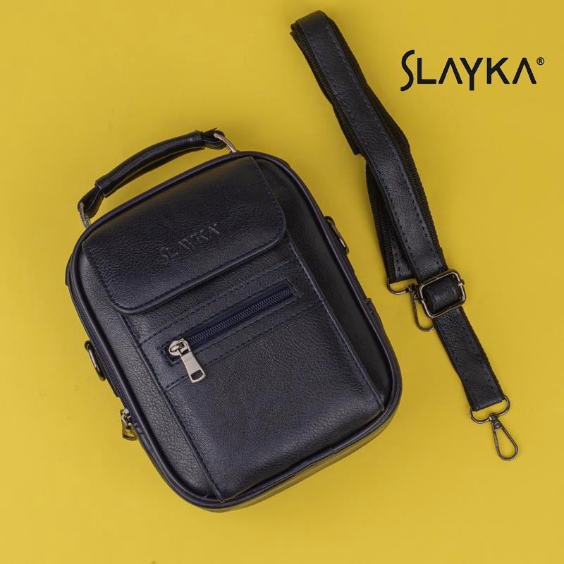 Slayka Lacivert Orta Boy Hakiki Deri Erkek El ve Omuz Çantası