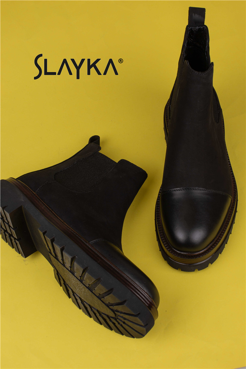 Slayka Siyah Hakiki Deri Brogue Detaylı Bağcıklı Erkek Bot
