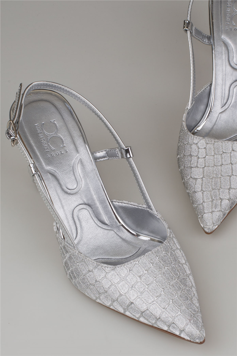 Trend Adımlar Gümüş İnce Topuklu Slingback Abiye Ayakkabı