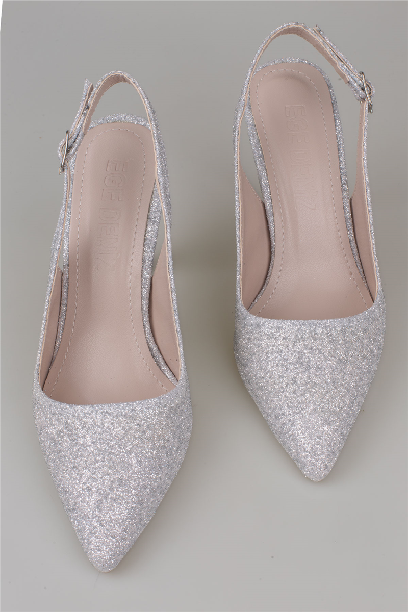 Trend Adımlar Gümüş Kadın Simli Slingback Topuklu Ayakkabı