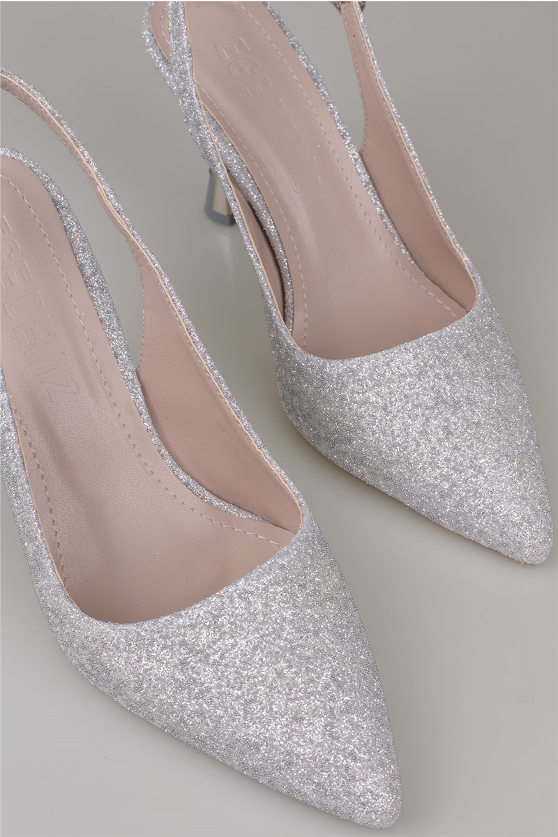 Trend Adımlar Gümüş Kadın Simli Slingback Topuklu Ayakkabı