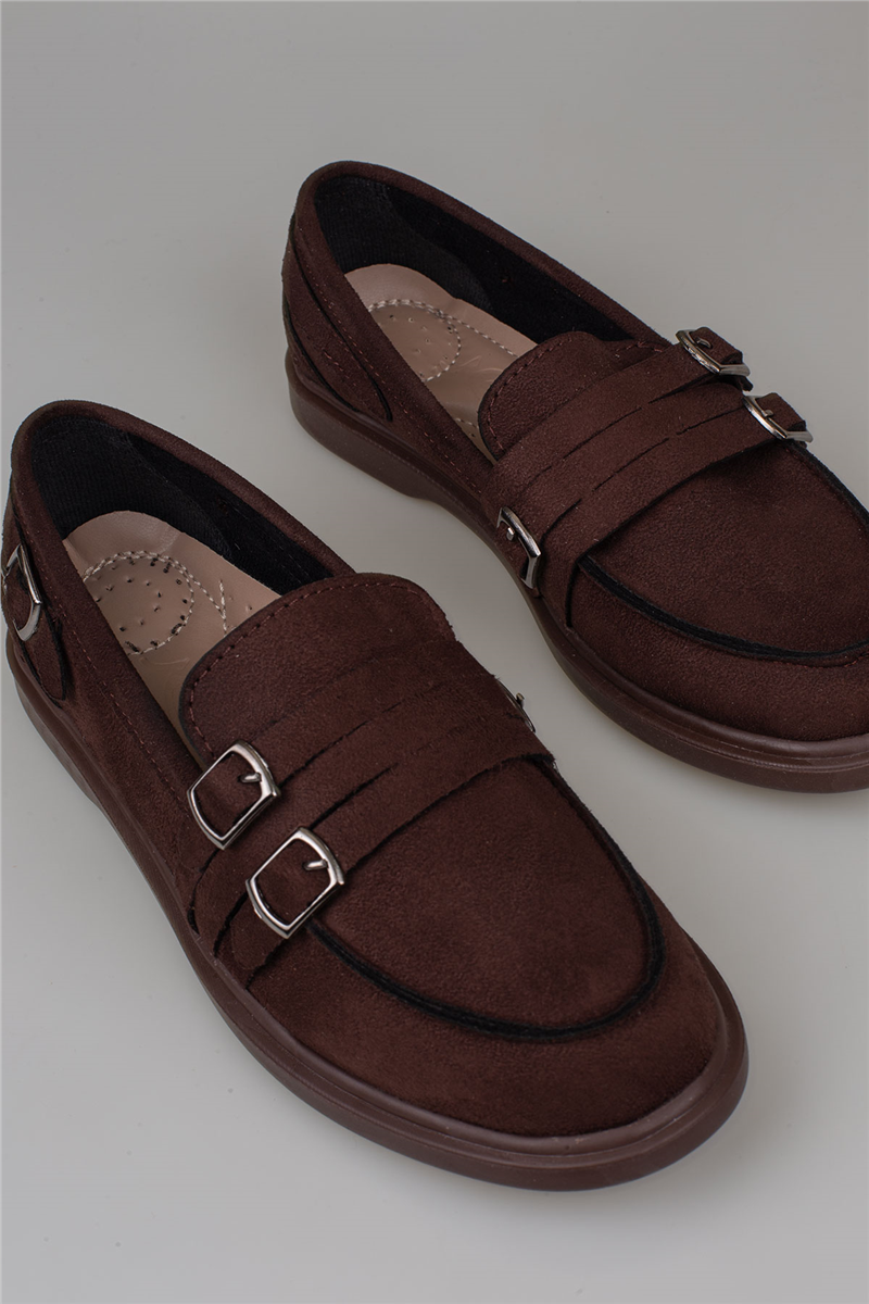 Trend Adımlar Kahverengi Kadın Günlük Çift Tokalı Loafer Süet Ayakkabı