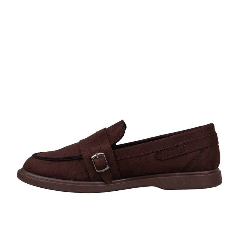 Trend Adımlar Kahverengi Kadın Günlük Çift Tokalı Loafer Süet Ayakkabı