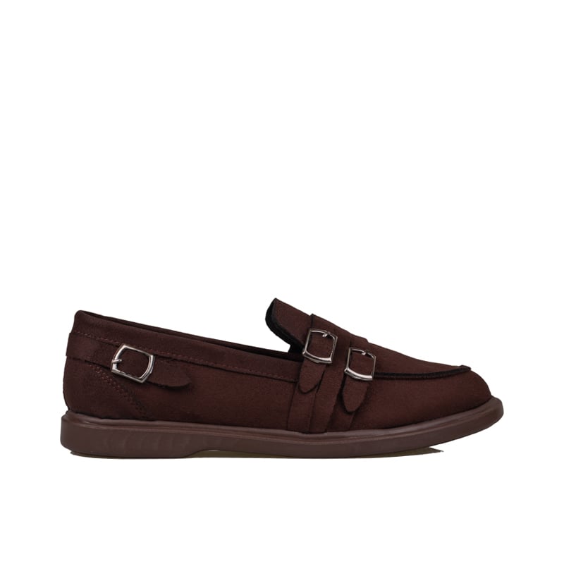 Trend Adımlar Kahverengi Kadın Günlük Çift Tokalı Loafer Süet Ayakkabı