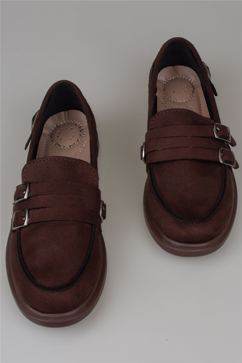 Trend Adımlar Kahverengi Kadın Günlük Çift Tokalı Loafer Süet Ayakkabı