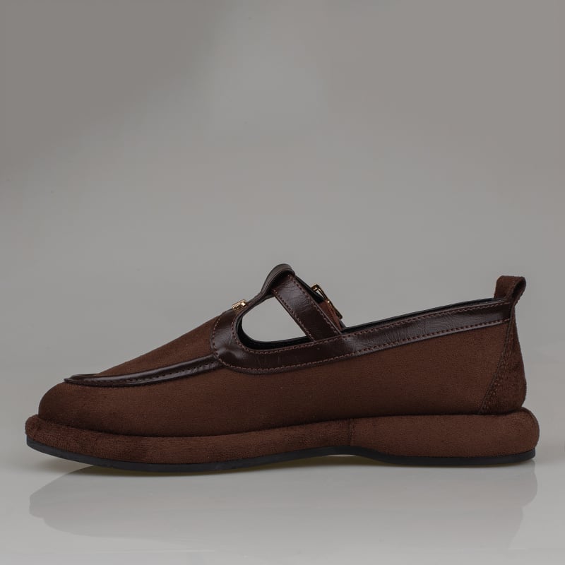 Trend Adımlar Kahverengi Kadın Tokalı Süet Jane Loafer Ayakkabı