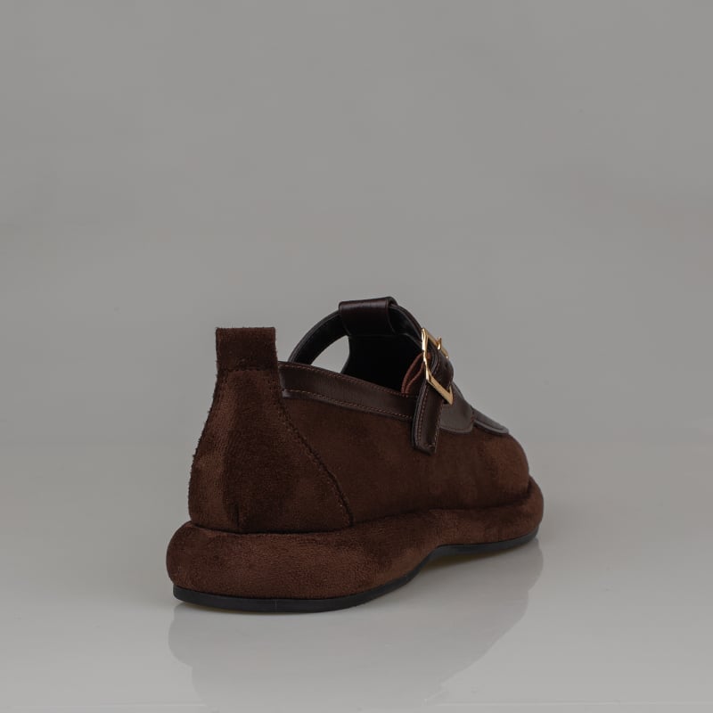 Trend Adımlar Kahverengi Kadın Tokalı Süet Jane Loafer Ayakkabı