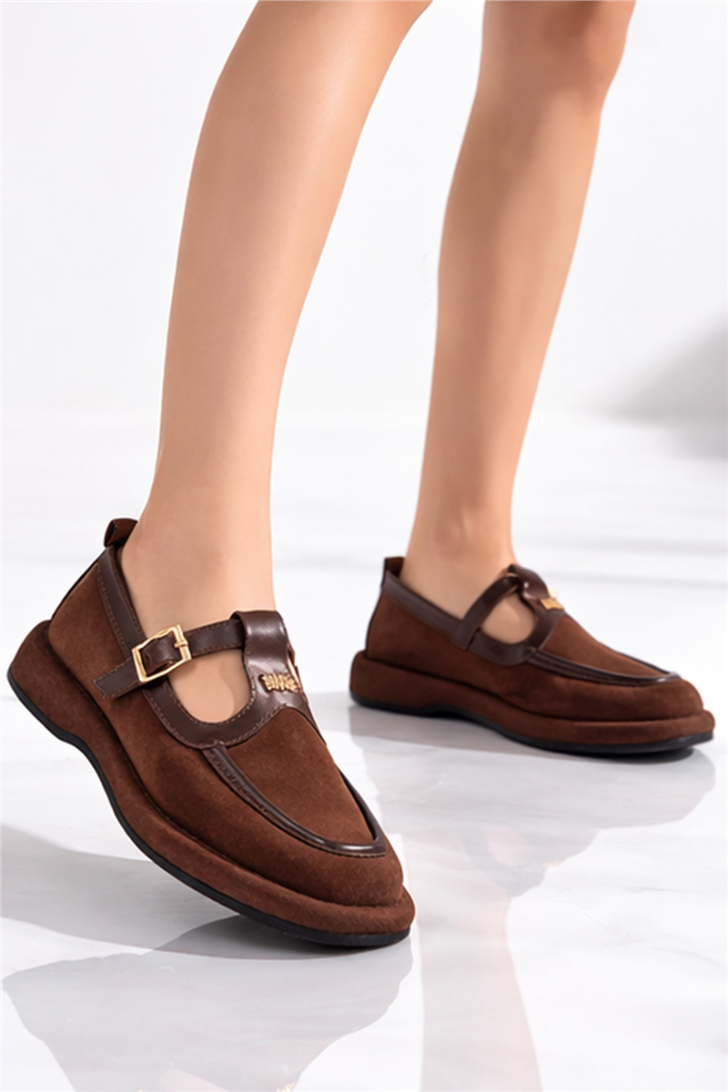 Trend Adımlar Kahverengi Kadın Tokalı Süet Jane Loafer Ayakkabı