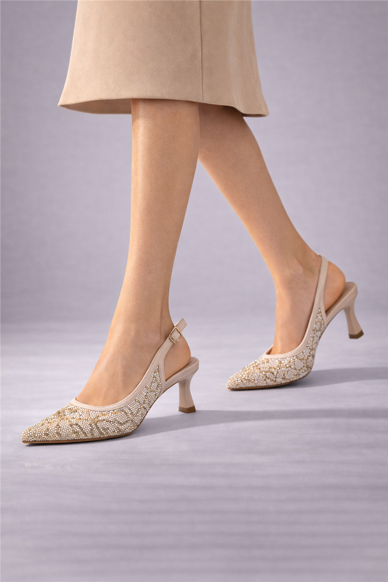 Trend Adımlar Krem Kadın Kısa Topuk Slingback Şık Gece Ayakkabısı