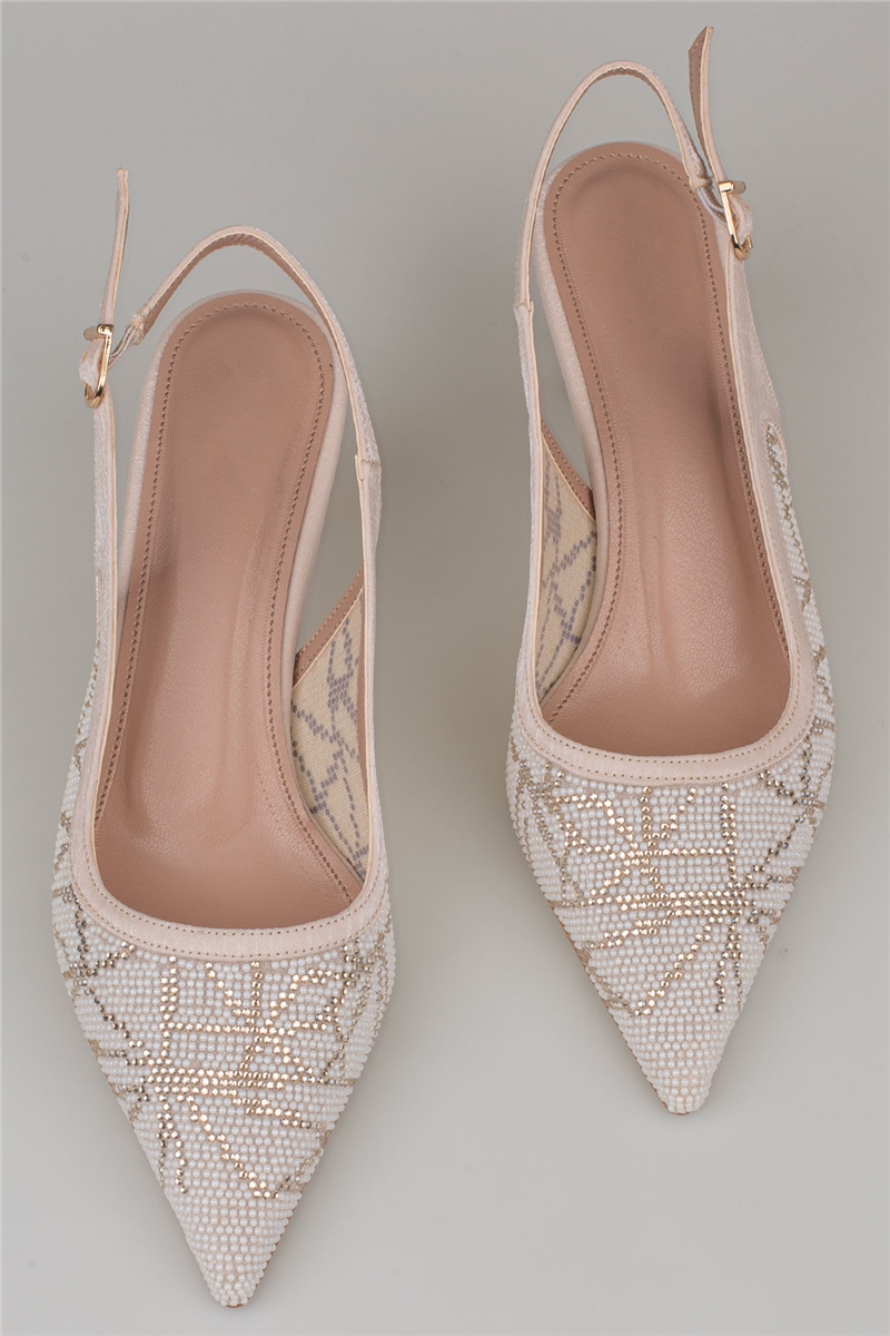 Trend Adımlar Krem Kadın Kısa Topuk Slingback Şık Gece Ayakkabısı