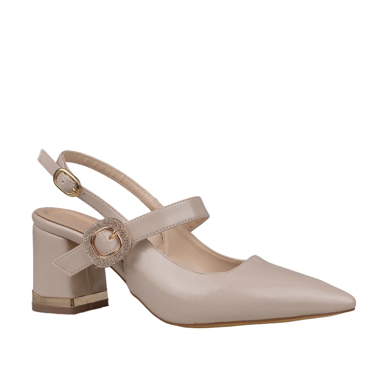 Trend Adımlar Krem Kadın Slingback Topuklu Taş Tokalı Ayakkabı