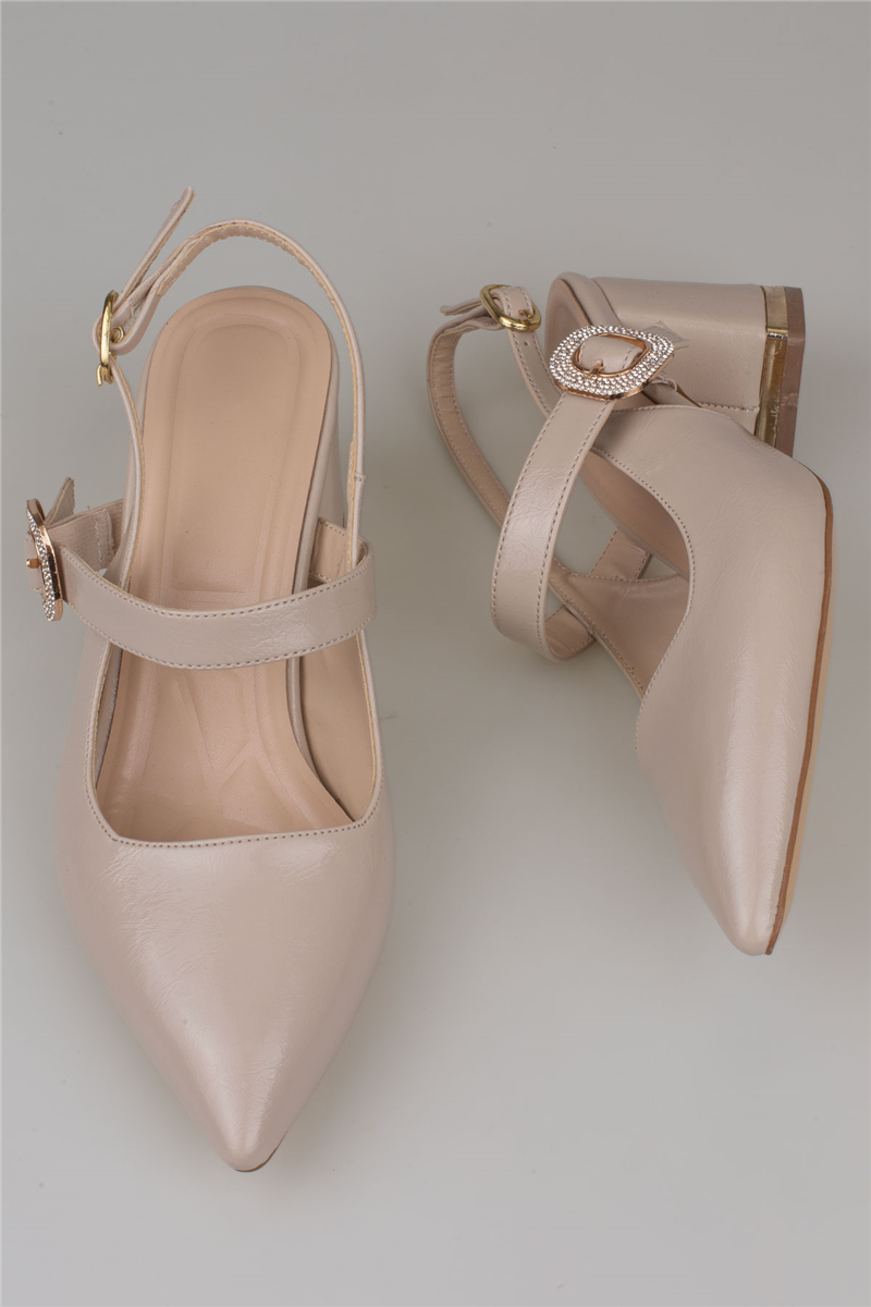 Trend Adımlar Krem Kadın Slingback Topuklu Taş Tokalı Ayakkabı