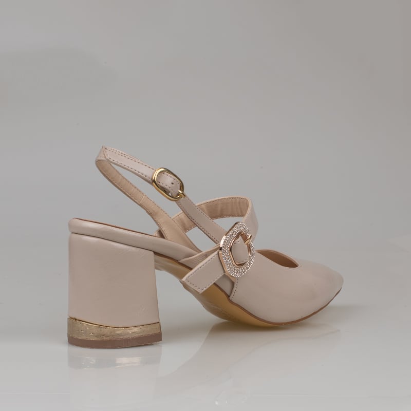 Trend Adımlar Krem Kadın Slingback Topuklu Taş Tokalı Ayakkabı