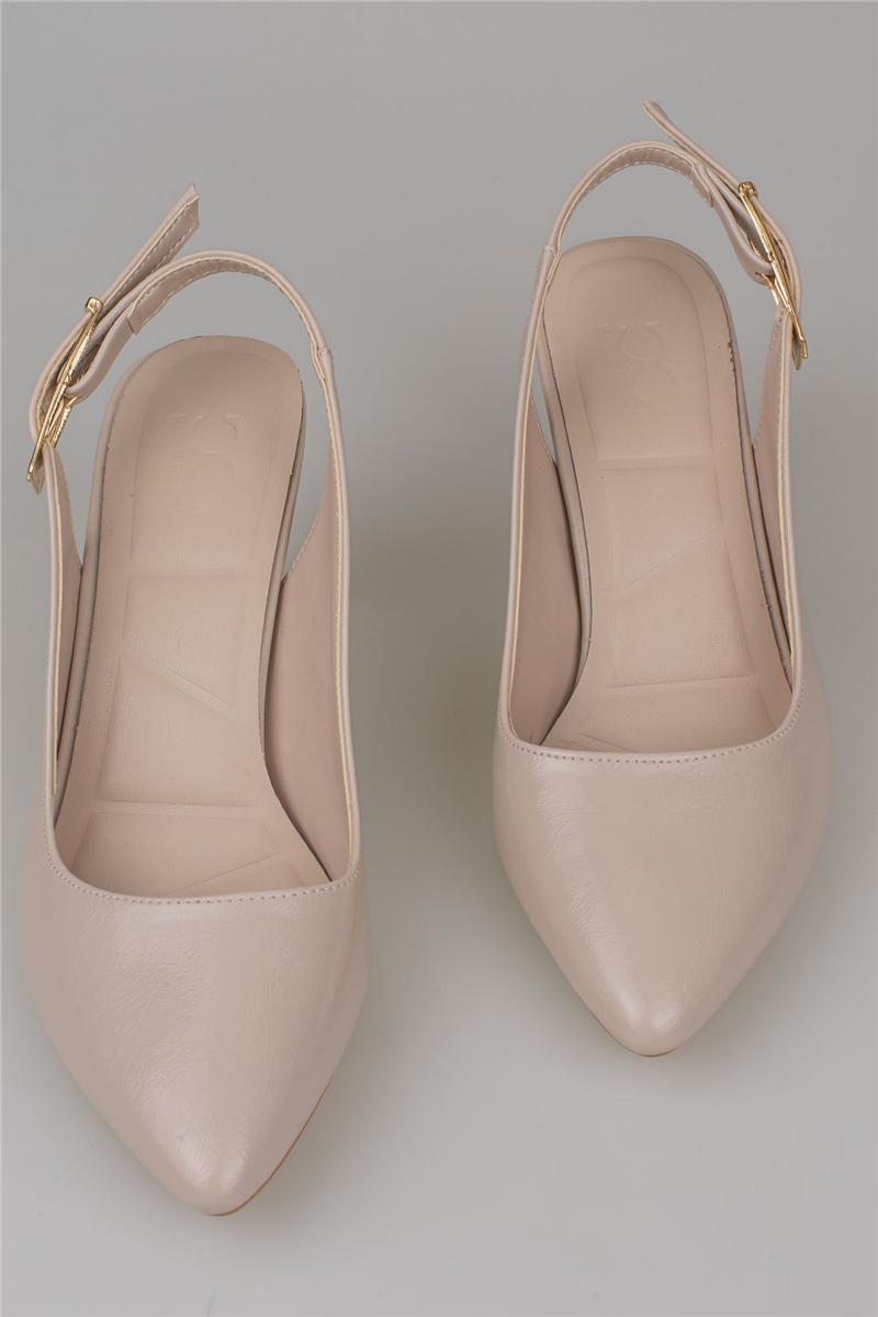 Trend Adımlar Krem Kadın Topuklu Parlak Slingback Klasik Ayakkabı