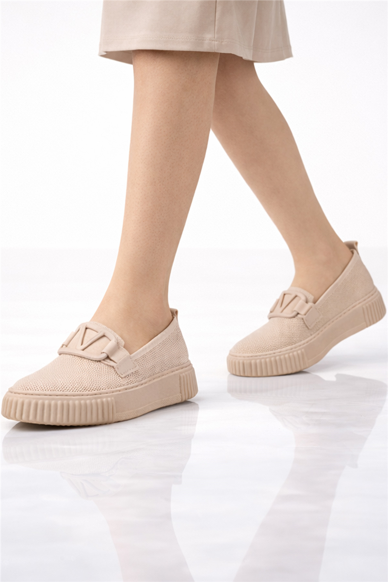 Trend Adımlar Krem Kadın Triko Loafer Ayakkabı