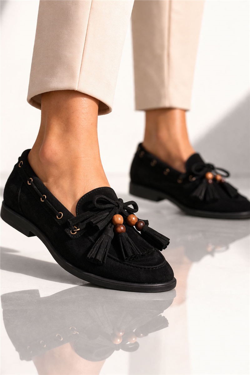 Trend Adımlar Siyah Kadın Bağcıklı Püskül Detaylı Loafer