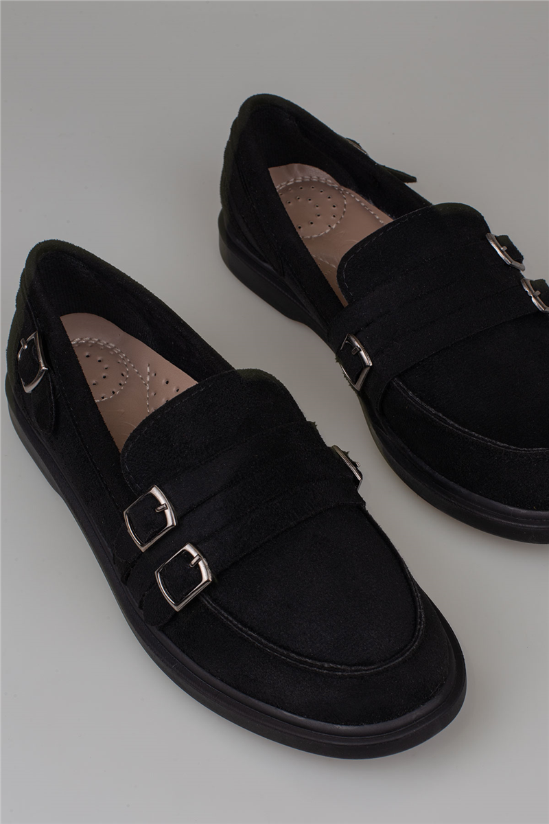 Trend Adımlar Siyah Kadın Günlük Çift Tokalı Loafer Süet Ayakkabı