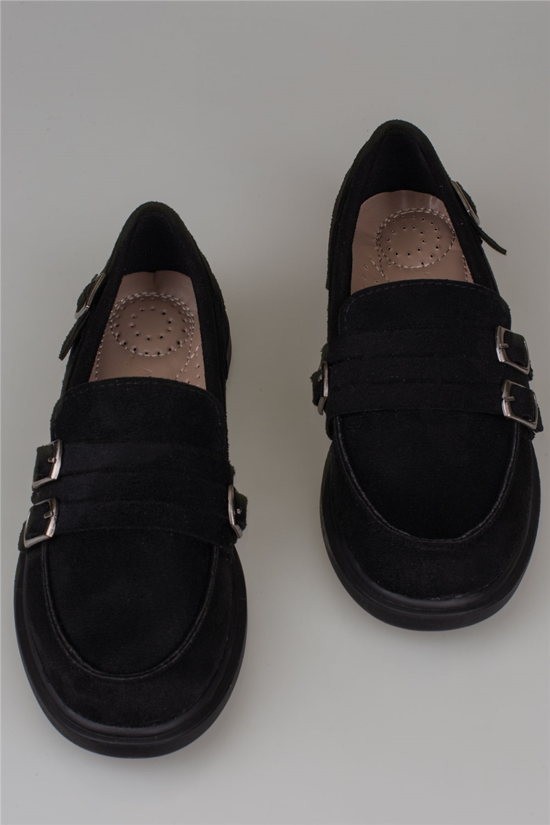 Trend Adımlar Siyah Kadın Günlük Çift Tokalı Loafer Süet Ayakkabı