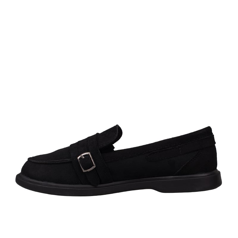 Trend Adımlar Siyah Kadın Günlük Çift Tokalı Loafer Süet Ayakkabı