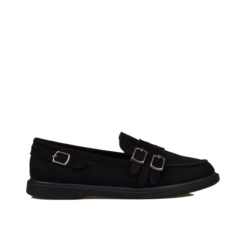 Trend Adımlar Siyah Kadın Günlük Çift Tokalı Loafer Süet Ayakkabı