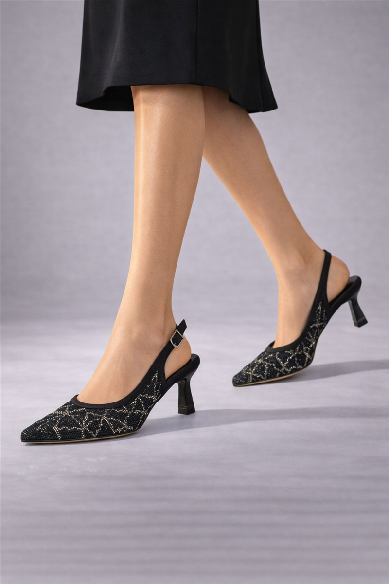Trend Adımlar Siyah Kadın Kısa Topuk Slingback Şık Gece Ayakkabısı