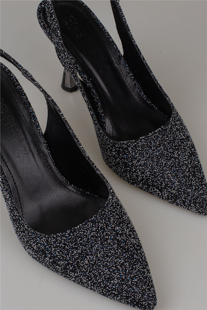 Trend Adımlar Siyah Kadın Simli Slingback Topuklu Ayakkabı